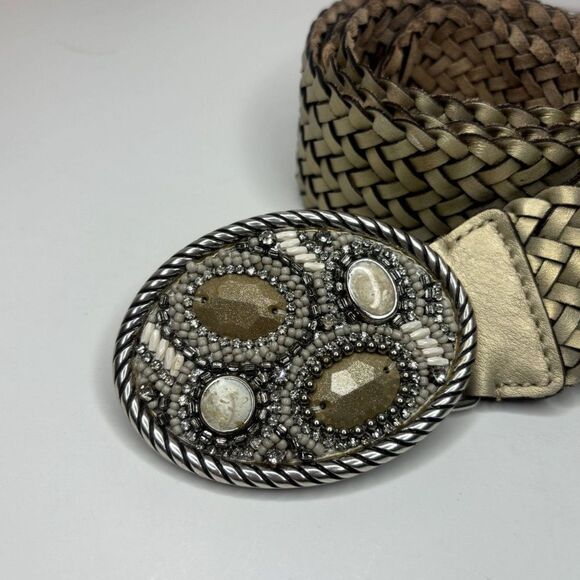 Chico's Leather Braided Rhinestone Studded Leather Buckle Belt Womens Designer - Picture 3 of 6